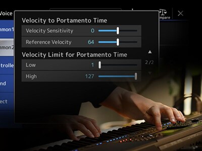 A collage of photos of the screen operating the Crossfade Portamento on the Yamaha Arranger Workstation PSR-SX920/SX720 and of a person's hand operating the keyboard