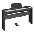 Diagonal side view of the P-143BTB (black model) in combination with the optional stand and metal sustain pedal