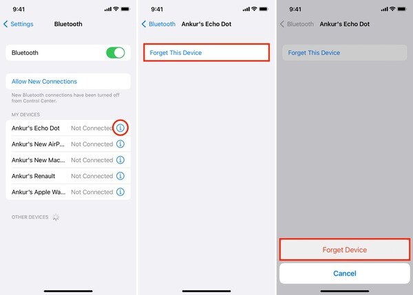 Bấm vào “Quên thiết bị này (Forget this device) sau đó khởi động lại thiết bị để kết nối lại Bluetooth