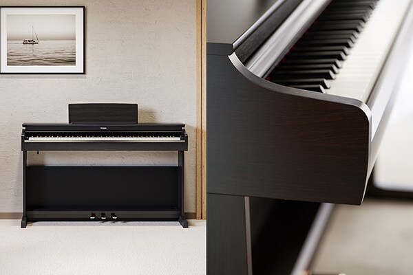 Một chiếc đàn piano ARIUS có thiết kế hài hòa với phòng khách, và những đường cong tinh tế trong từng chi tiết thiết kế.