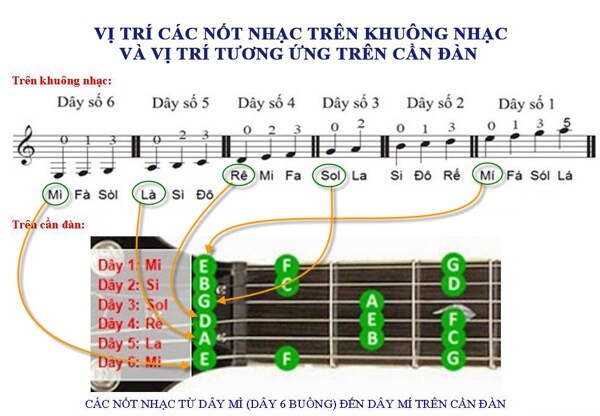 Tương quan vị tr&iacute; nốt nhạc tr&ecirc;n khu&ocirc;ng nhạc v&agrave; tr&ecirc;n cần đ&agrave;n