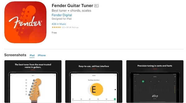 Giao diện phần mềm chỉnh dây Fender Guitar Tuner (Nguồn: Internet)
