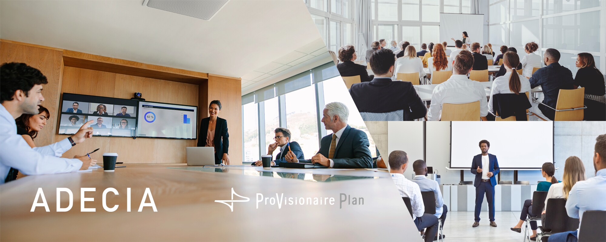 A wide conference room where multiple people are actively engaged in a remote meeting, representing the key visual for the ADECIA Firmware Version 3 and ProVisionaire Plan update.