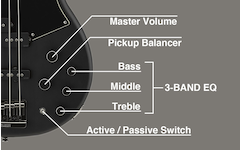 Sơ đồ Master Volume, Pickup Balancer, EQ 3 băng tần, switch active/passive