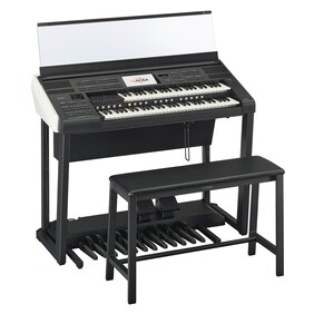 Ảnh thu nhỏ của dòng Yamaha Electone ELS-03, hiển thị toàn cảnh với bàn phím trên và dưới, bàn đạp và ghế ngồi.