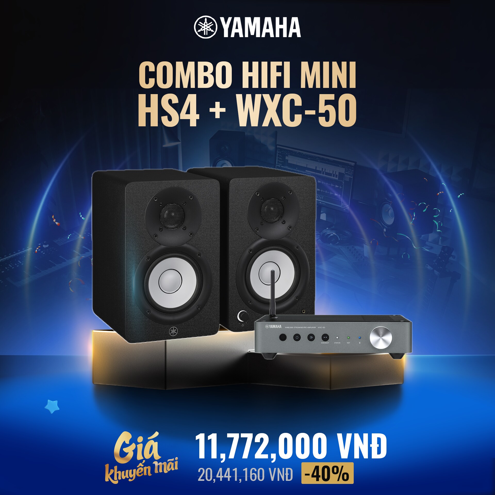 Combo loa kiểm âm HS4 và network pre-amp Yamaha WXC-50