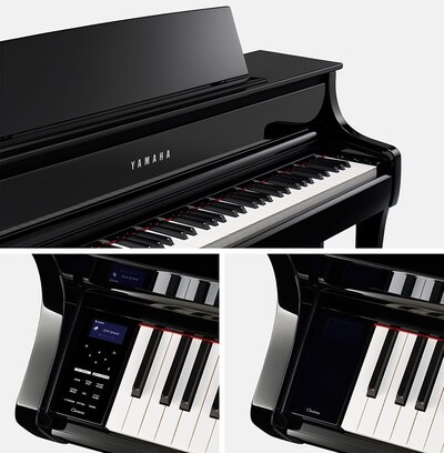 Collage of photos showing the Yamaha Clavinova CLP-875PE from an angle and the keyblock design with the LED display turned on and off