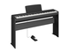 Diagonal side view of the P-145B (black model) in combination with the optional stand and metal sustain pedal