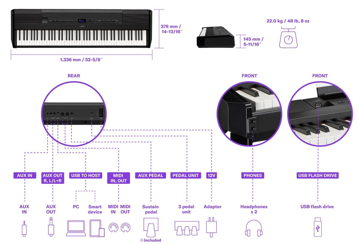 Information about dimensions & connectivity of P-525. Please refer to the specification chart for details.