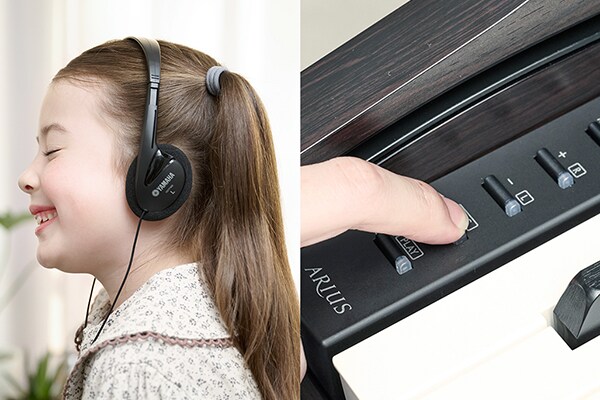 Chơi đàn piano ARIUS với tai nghe và điều khiển các nút trên bảng điều khiển.