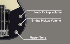 Cận cảnh các Neck Pickup Volume, Bridge Pickup Volume, và các núm xoáy Master Tone 