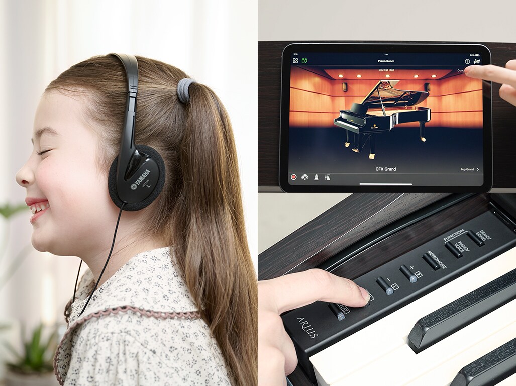 Luyện tập trên đàn piano điện tử với tai nghe, xem màn hình ứng dụng Smart Pianist và ghi âm bằng các nút điều khiển tích hợp sẵn trên đàn.