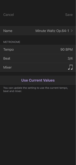 Màn hình Danh sách của tôi trong ứng dụng METRONOME: Cho phép bạn lưu và chỉnh sửa nhịp độ, nhịp điệu và cài đặt âm điệu.