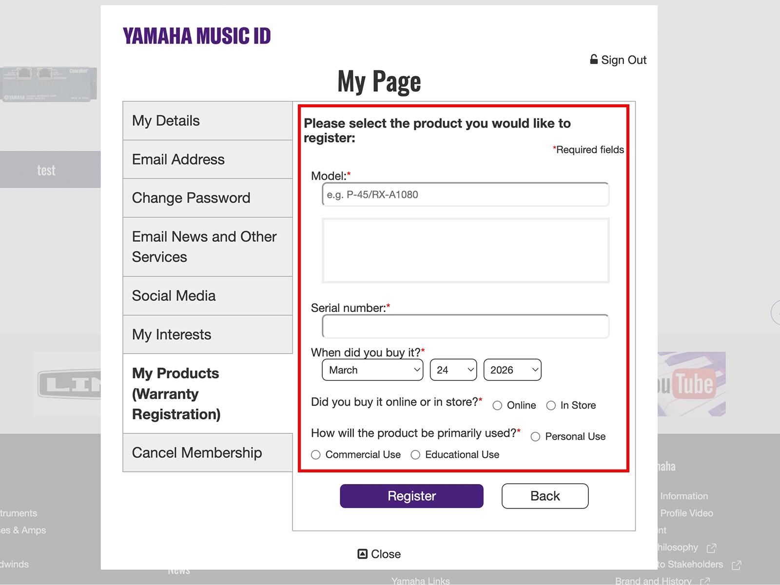 Màn hình biểu mẫu đăng ký Yamaha Music ID.