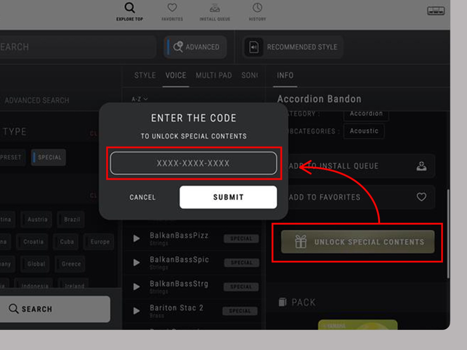 Màn hình nhập mã mở khóa trong ứng dụng EXPANSION EXPLORER.